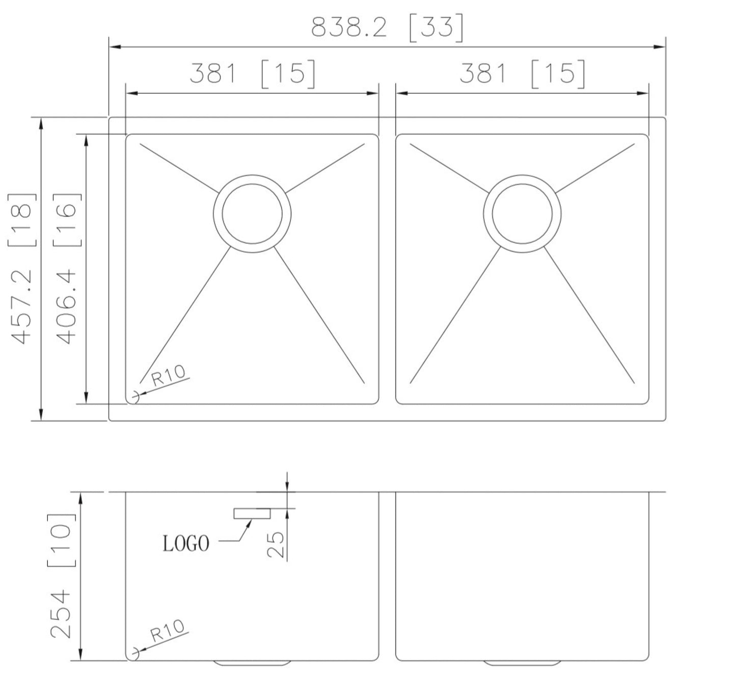 33-in. W CSA Approved Stainless Steel Kitchen Sink With 2 Bowl And 18 Gauge