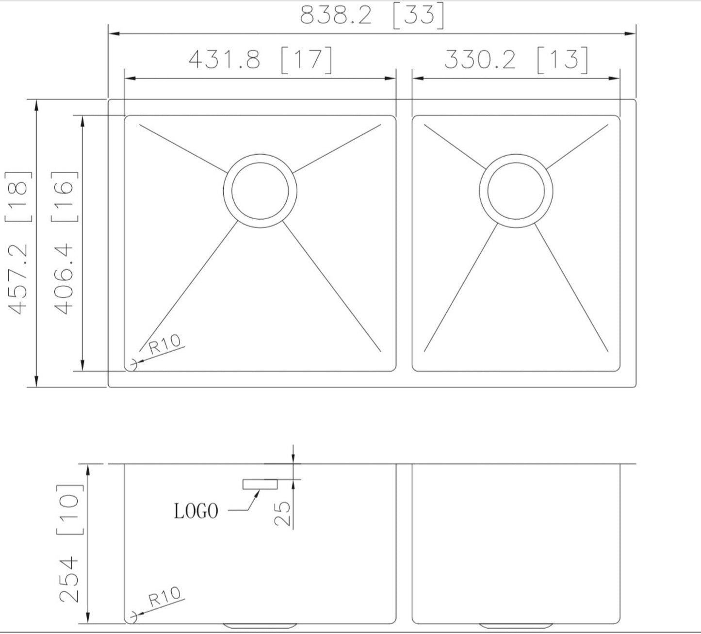 33-in. W CSA Approved Stainless Steel Kitchen Sink With 2 Bowl And 18 Gauge