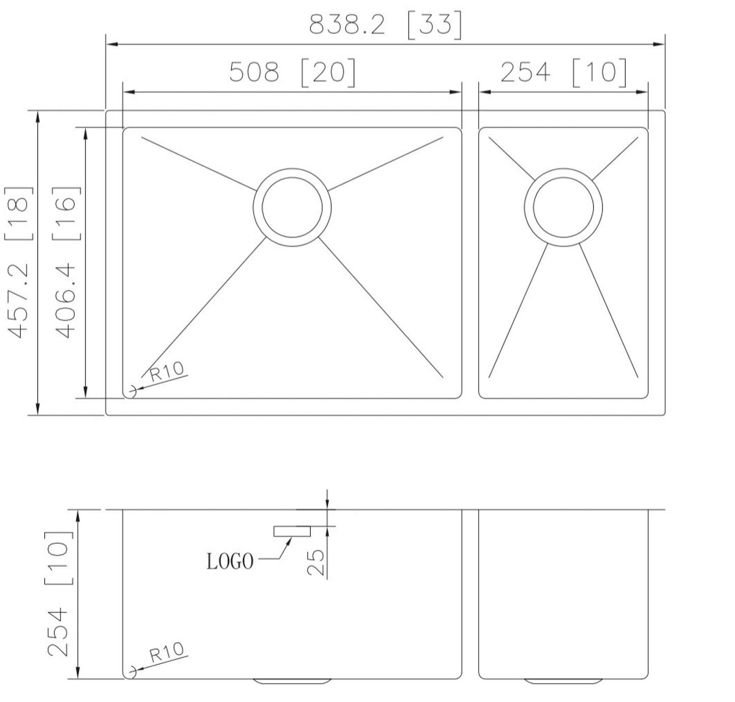 33-in. W CSA Approved Stainless Steel Kitchen Sink With 2 Bowl And 18 Gauge