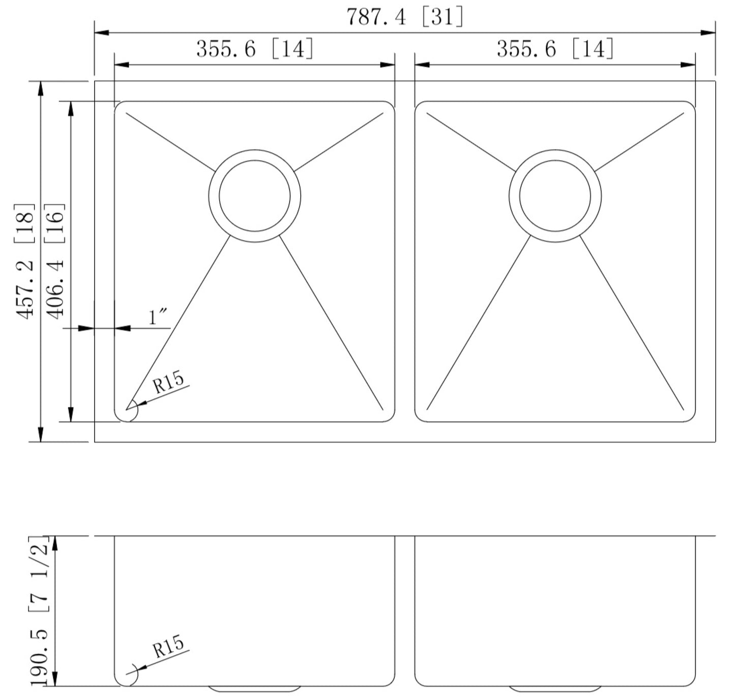 31-in. W CSA Approved Stainless Steel Kitchen Sink With 2 Bowl And 16 Gauge