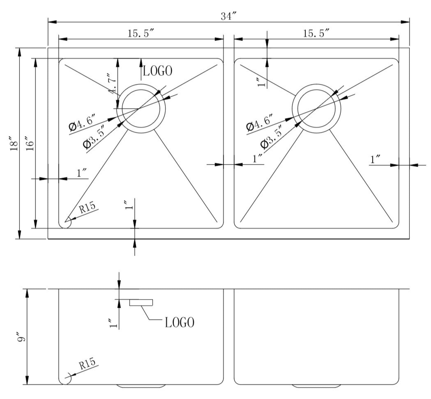 34-in. W CSA Approved Stainless Steel Kitchen Sink With 2 Bowl And 16 Gauge