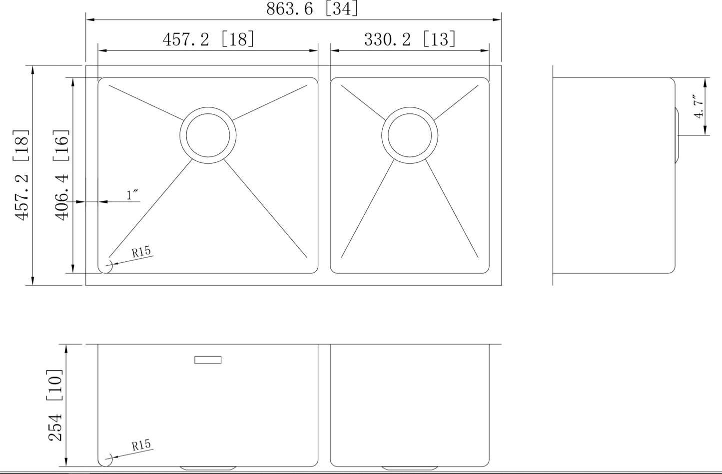 34-in. W CSA Approved Stainless Steel Kitchen Sink With 2 Bowl And 16 Gauge