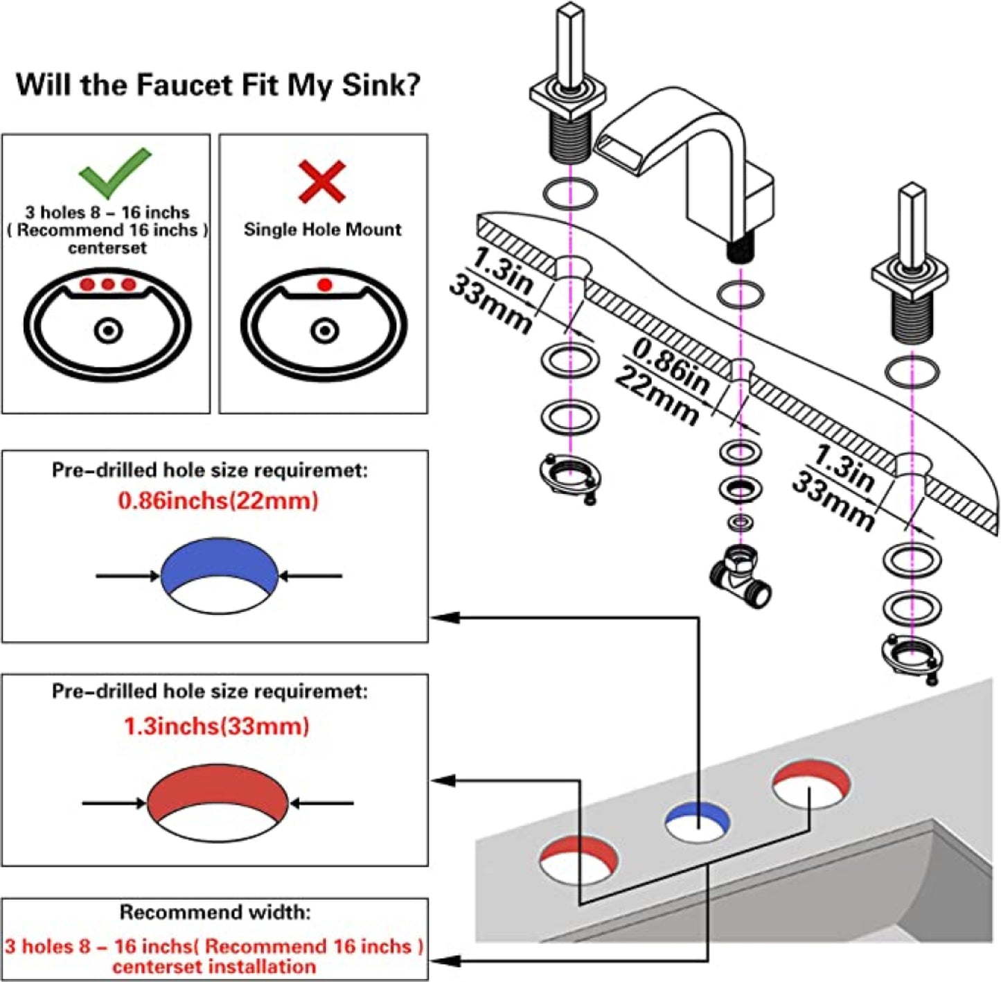 3H8-in. Black Bathroom Sink Faucet Black Brass