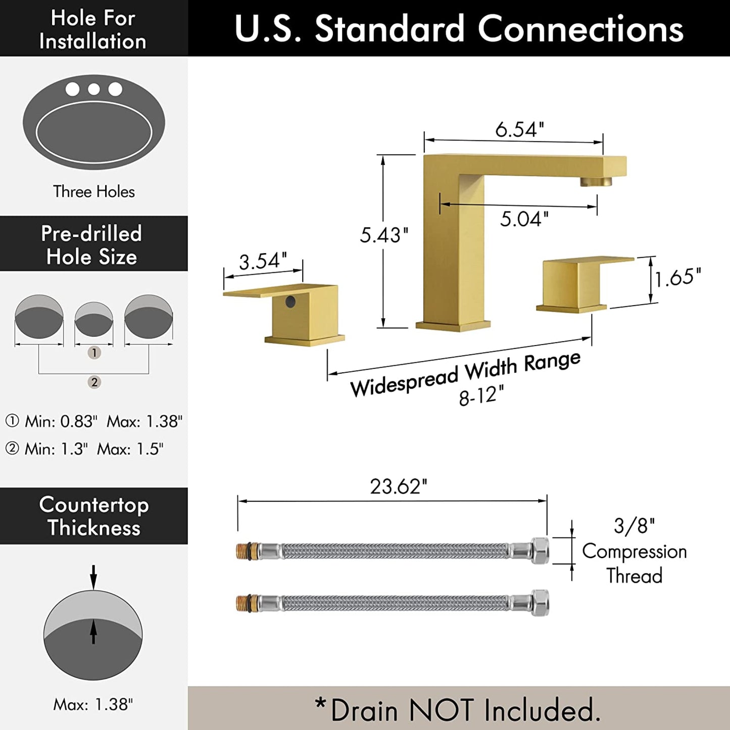 3H8-in. CUPC Brushed Bathroom Sink Faucet Brushed Gold Stainless Steel