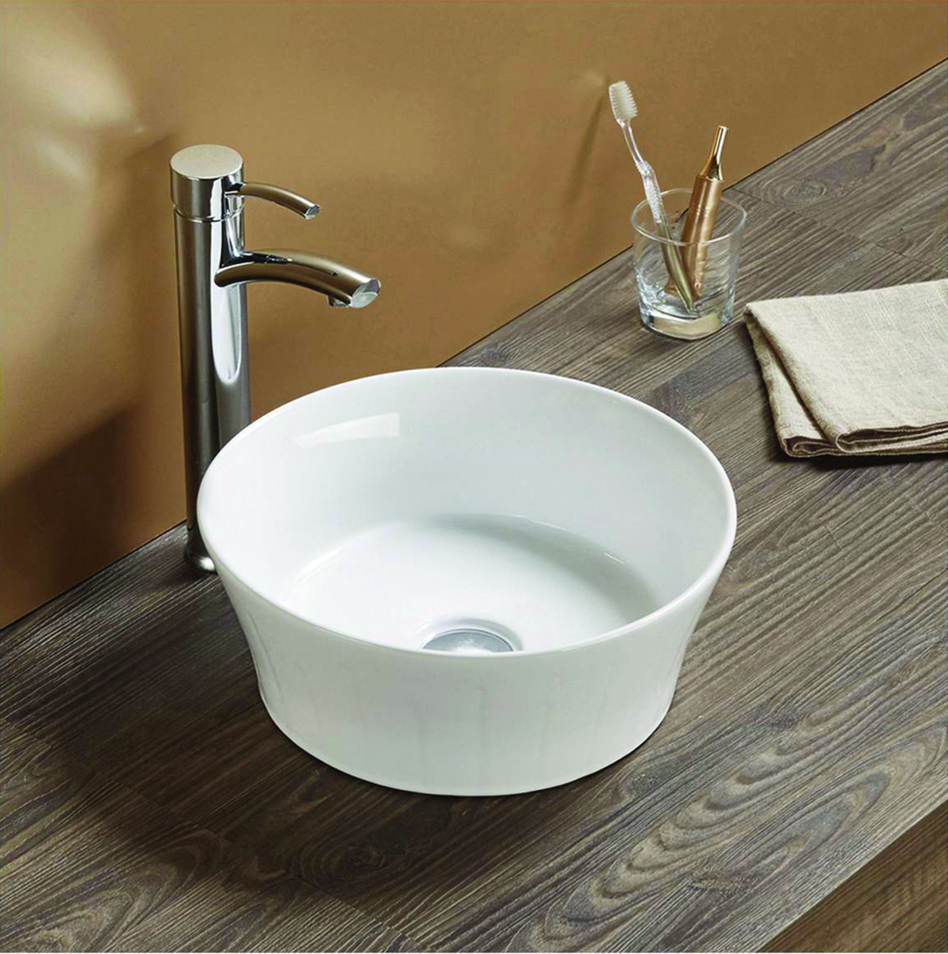 14.09-in. x 14.09-in. Round Bathroom Vessel Sink White Enamel Glaze