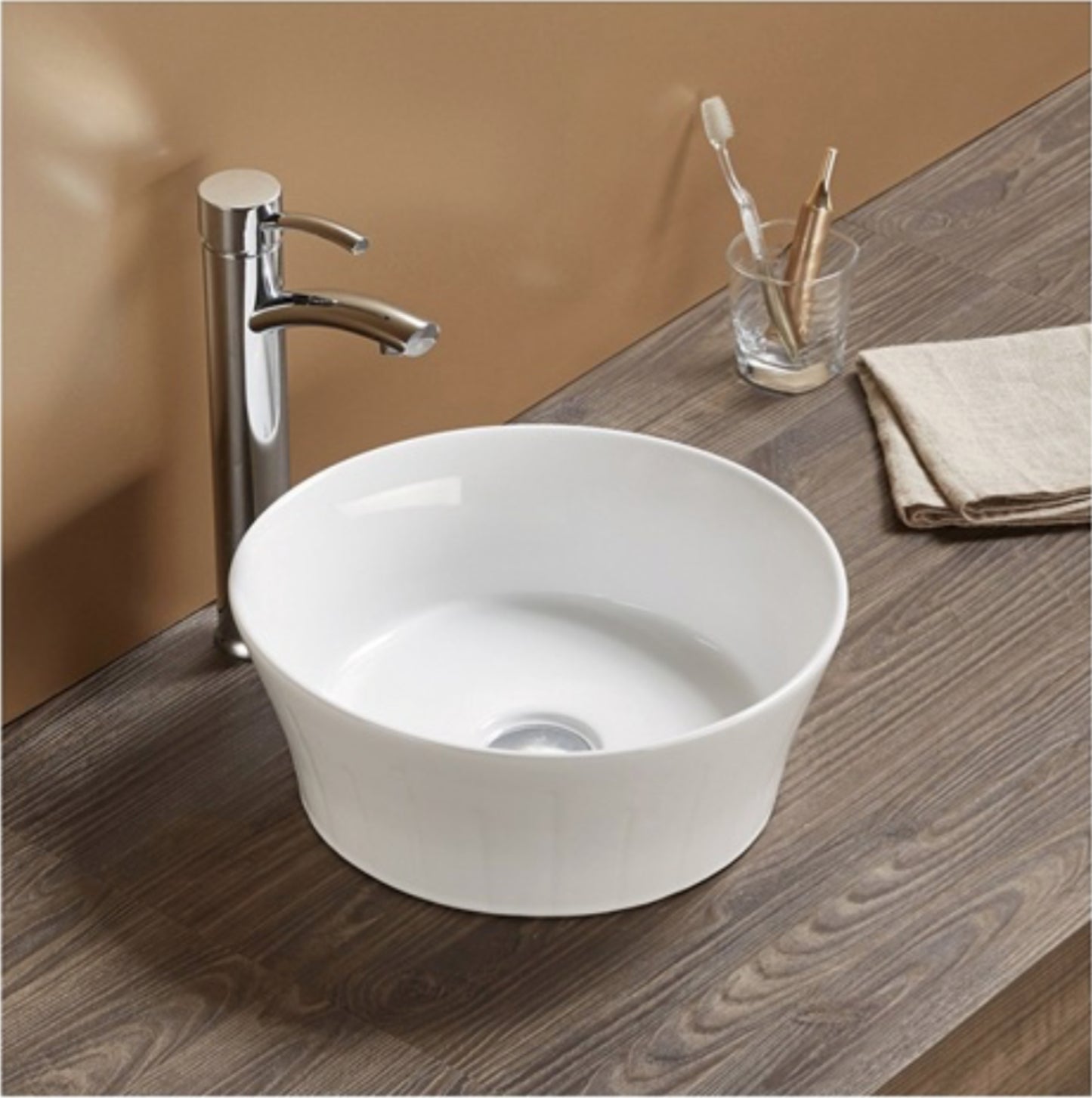 14.09-in. x 14.09-in. Round Bathroom Vessel Sink White Enamel Glaze