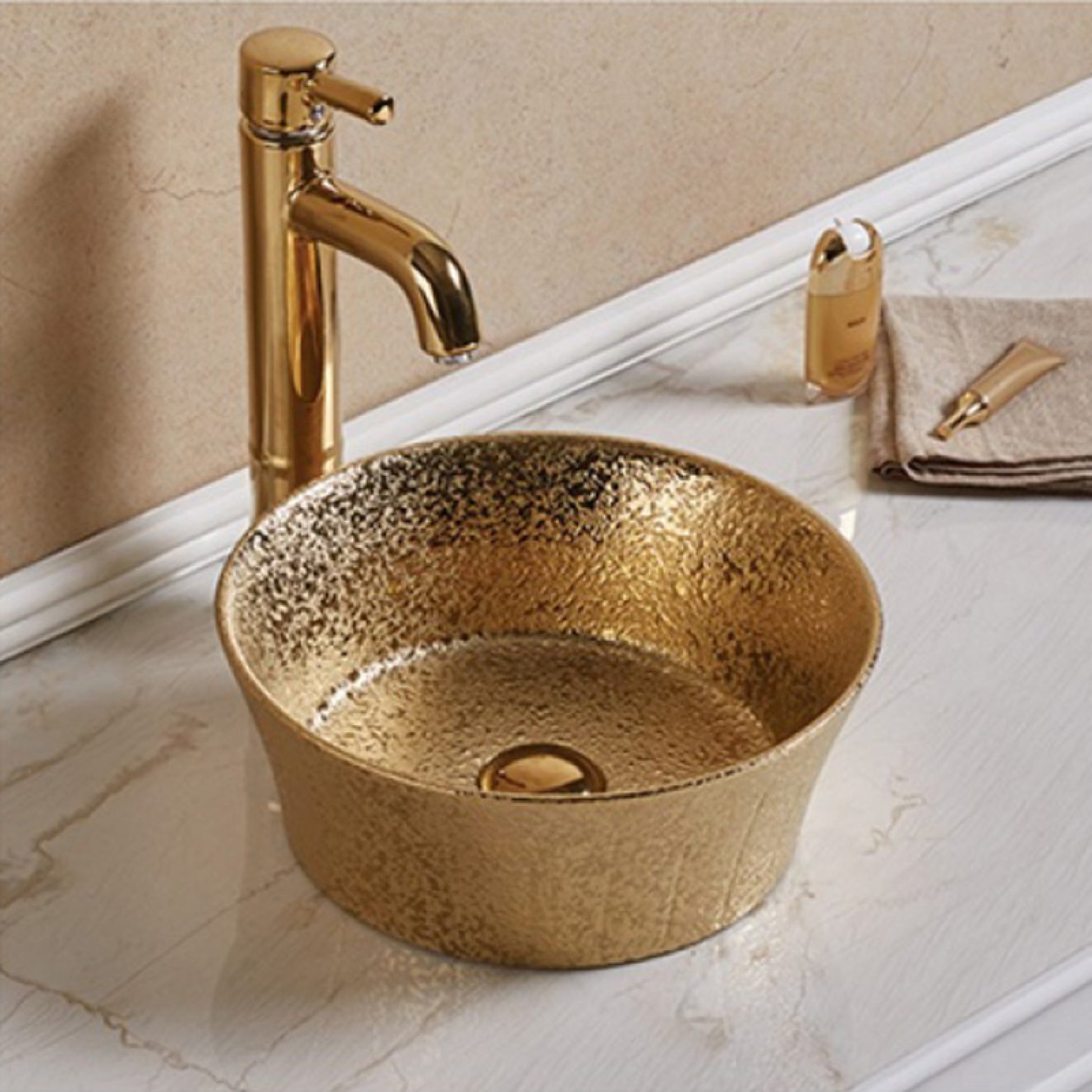 14.09-in. x 14.09-in. Round Bathroom Vessel Sink Gold Enamel Glaze