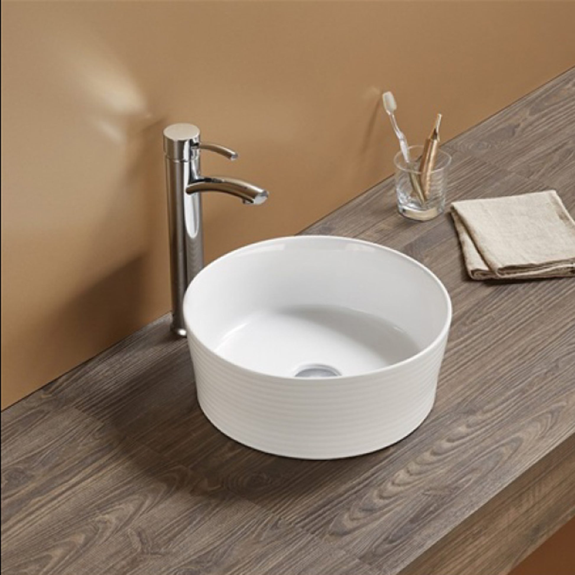 14.09-in. x 14.09-in. Round Bathroom Vessel Sink White Enamel Glaze
