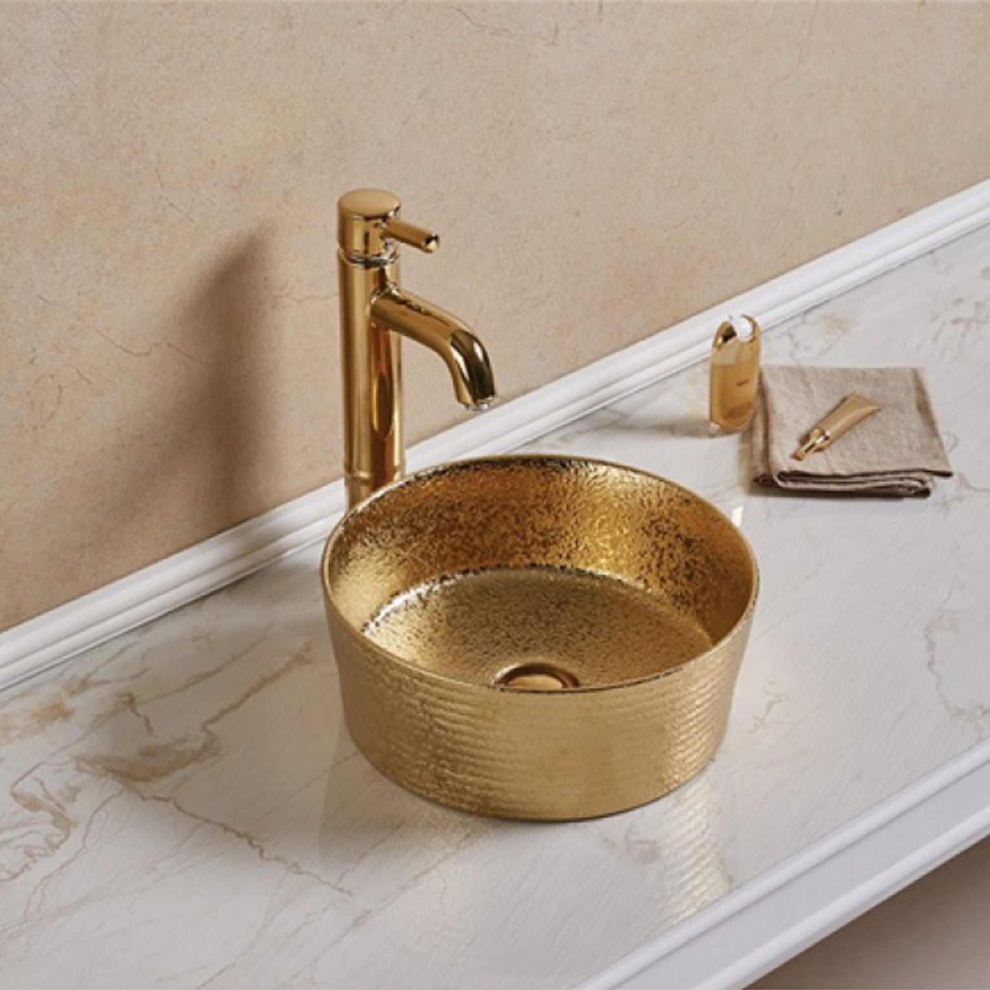 14.09-in. x 14.09-in. Round Bathroom Vessel Sink Gold Enamel Glaze