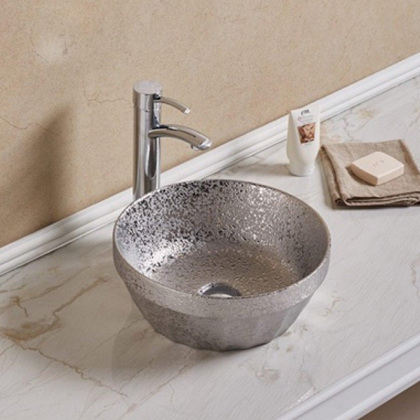 14.09-in. x 14.09-in. Round Bathroom Vessel Sink Silver Enamel Glaze