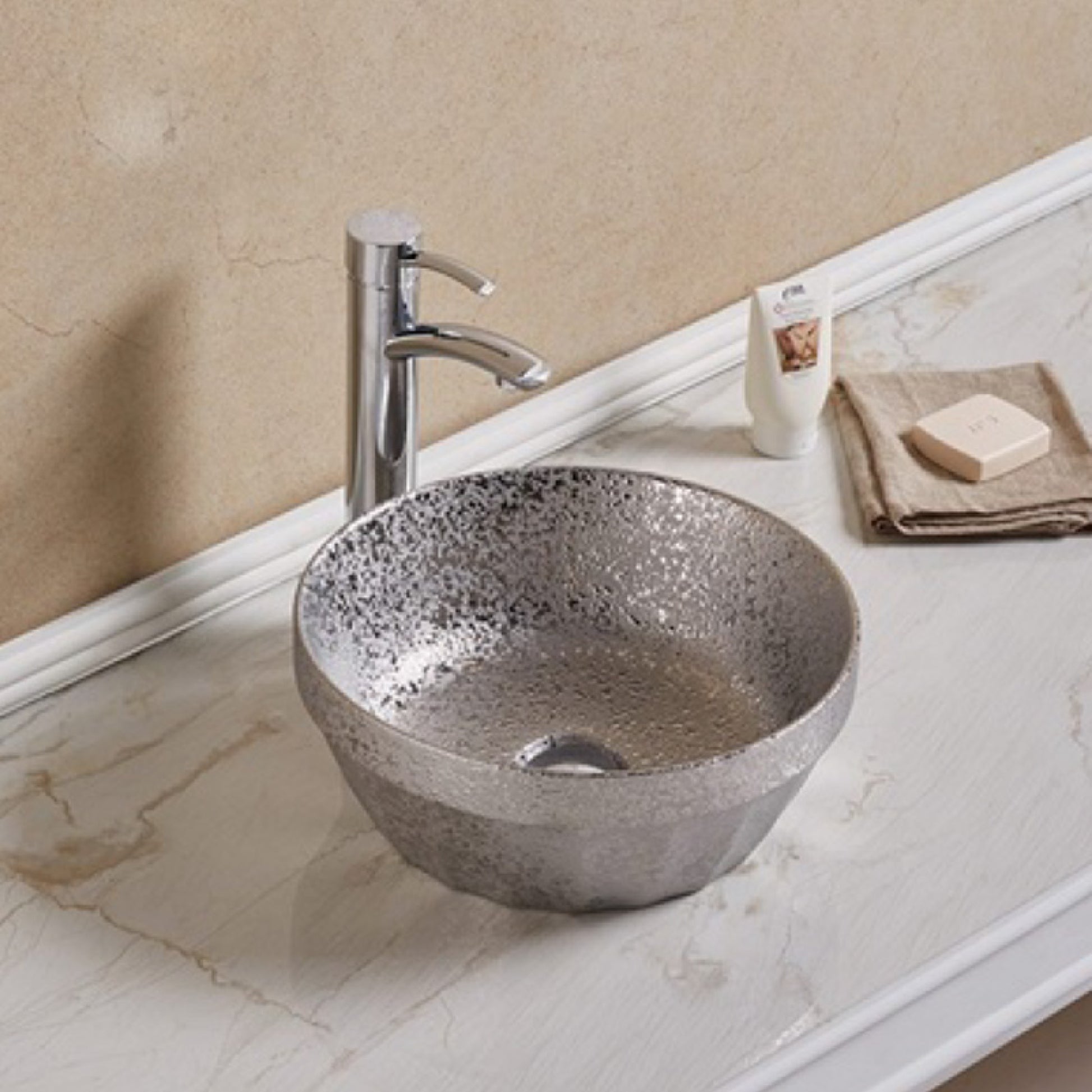 14.09-in. x 14.09-in. Round Bathroom Vessel Sink Silver Enamel Glaze