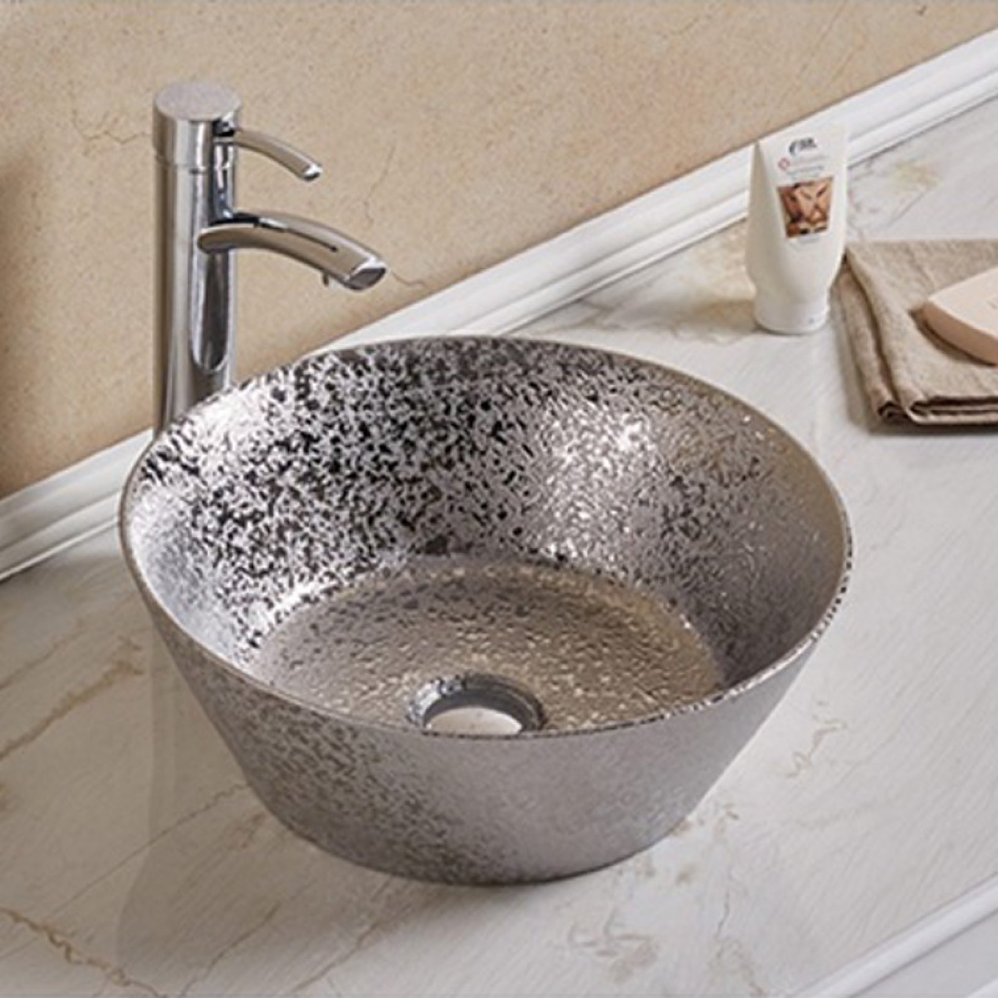 15.94-in. x 15.94-in. Round Bathroom Vessel Sink Silver Enamel Glaze