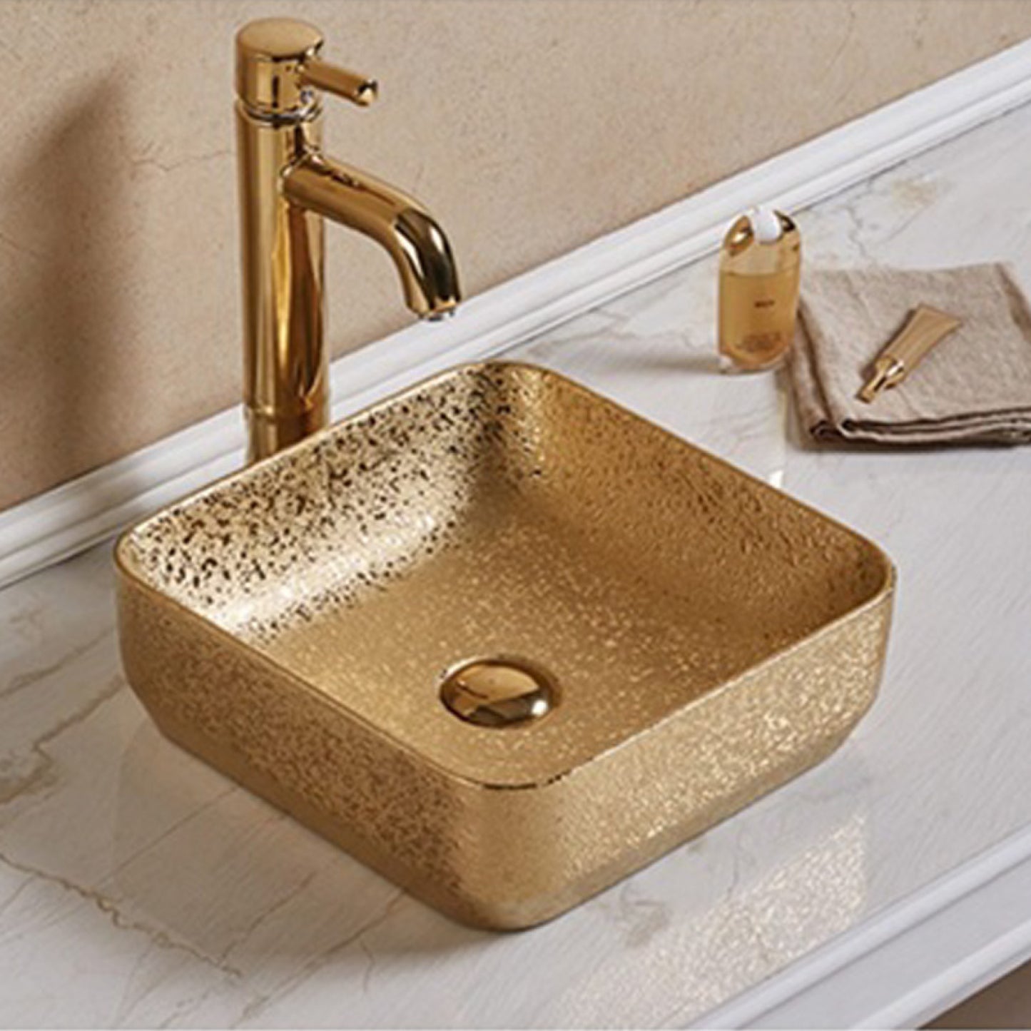 14.17-in. x 14.17-in. Square Bathroom Vessel Sink Gold Enamel Glaze