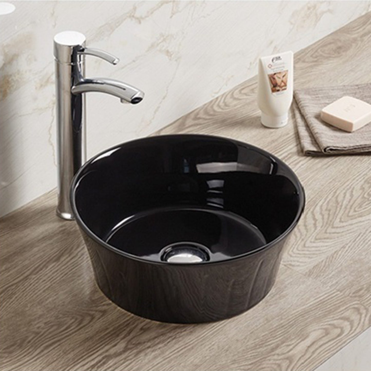 14.09-in. x 14.09-in. Round Bathroom Vessel Sink Black Enamel Glaze
