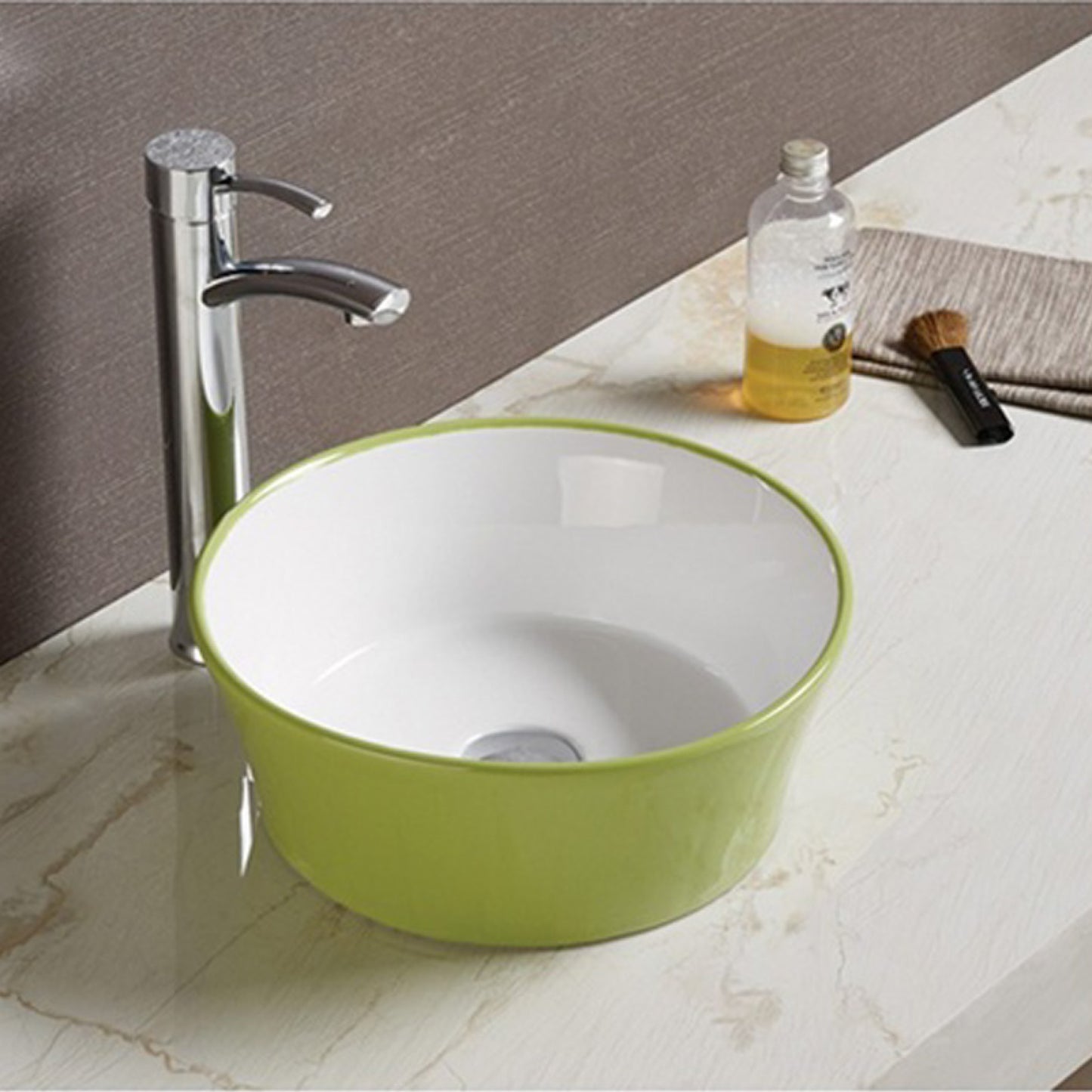14.09-in. x 14.09-in. Round Bathroom Vessel Sink Olive-White Enamel Glaze