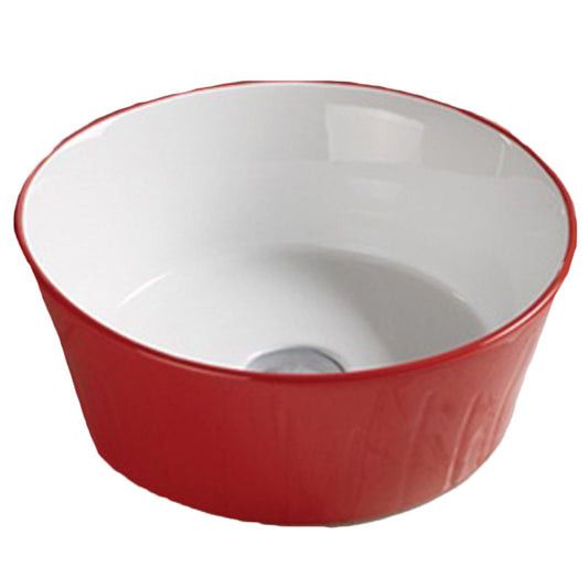 14.09-in. x 14.09-in. Round Bathroom Vessel Sink Red-White Enamel Glaze