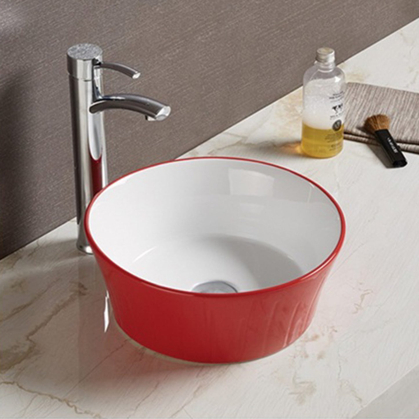 14.09-in. x 14.09-in. Round Bathroom Vessel Sink Red-White Enamel Glaze