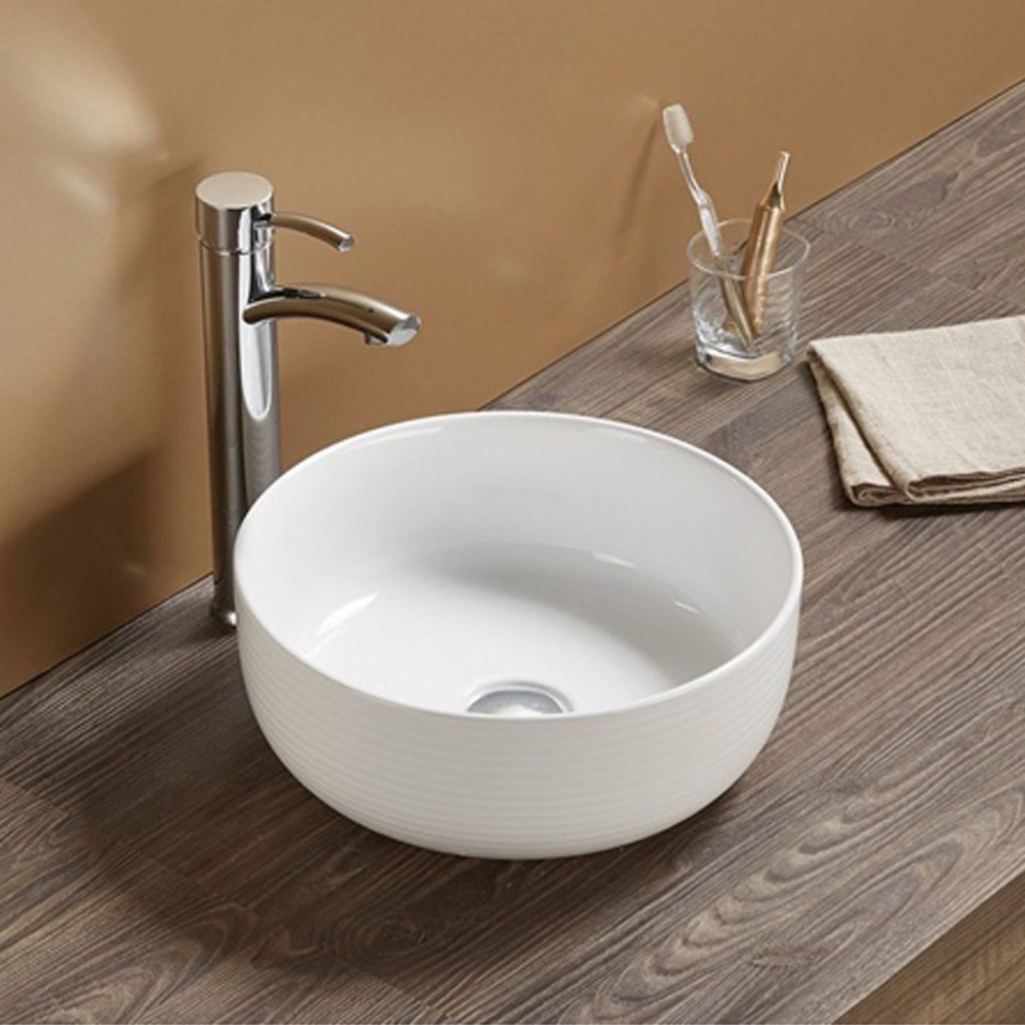 14.09-in. x 14.09-in. Round Bathroom Vessel Sink White Enamel Glaze