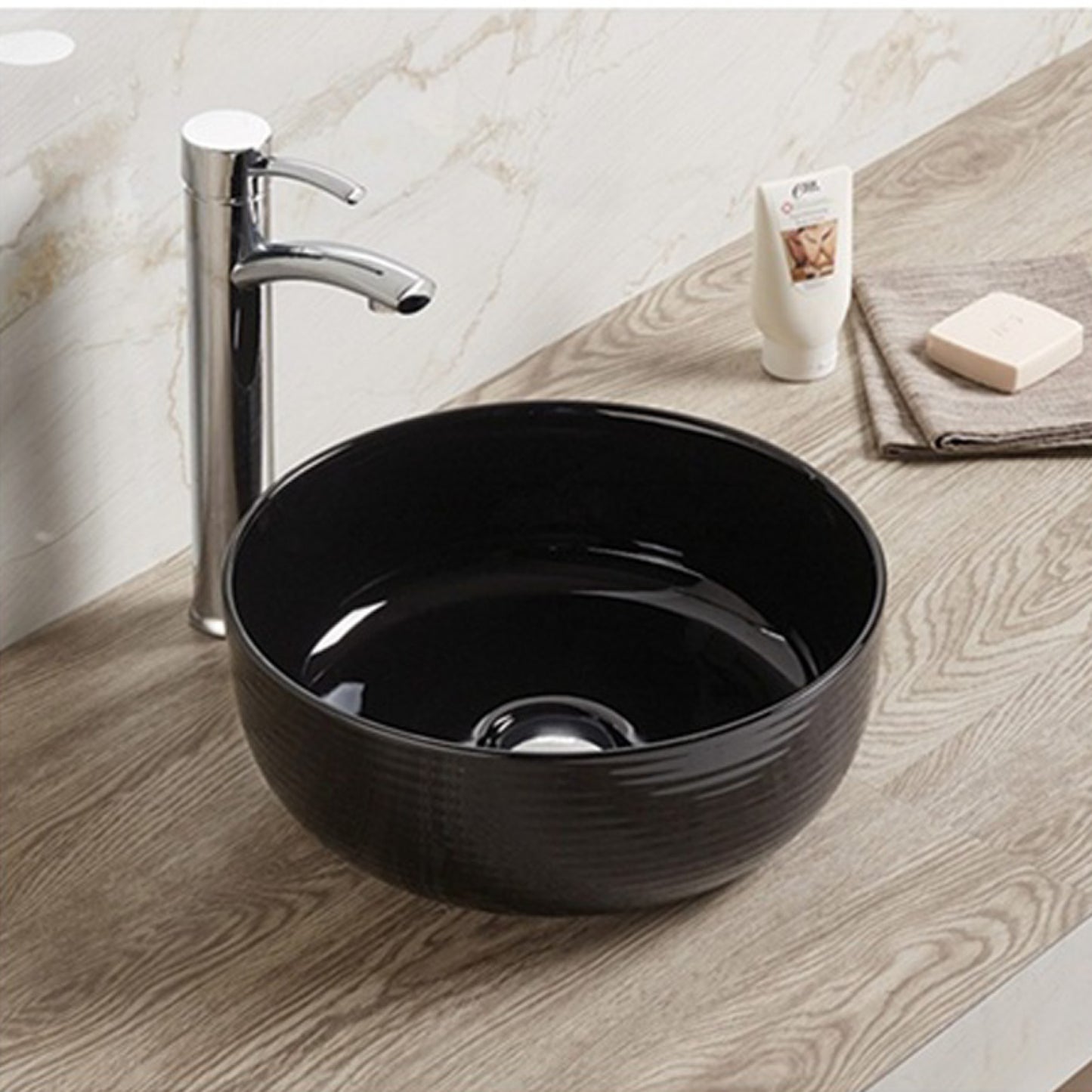 14.09-in. x 14.09-in. Round Bathroom Vessel Sink Black Enamel Glaze
