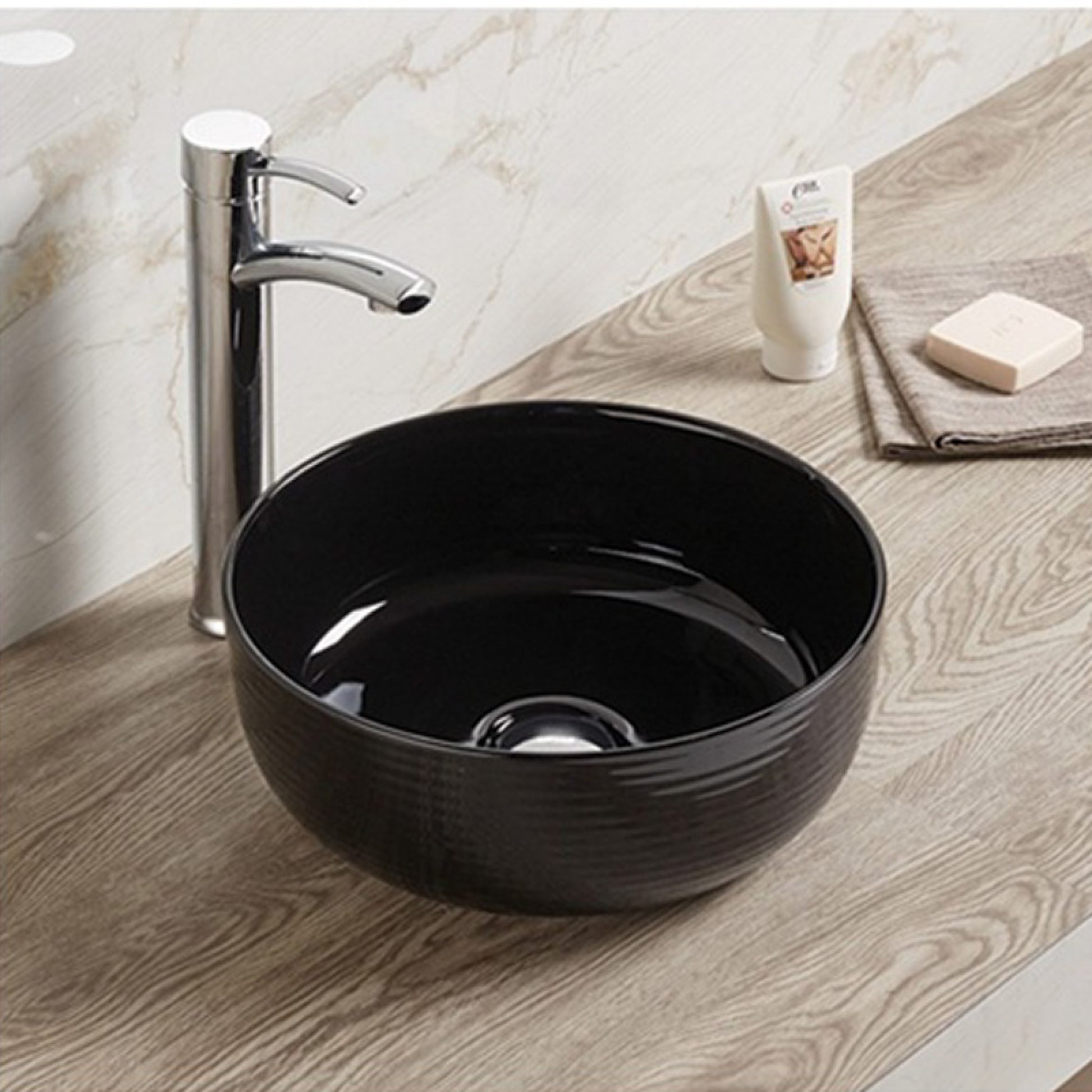 14.09-in. x 14.09-in. Round Bathroom Vessel Sink Black Enamel Glaze