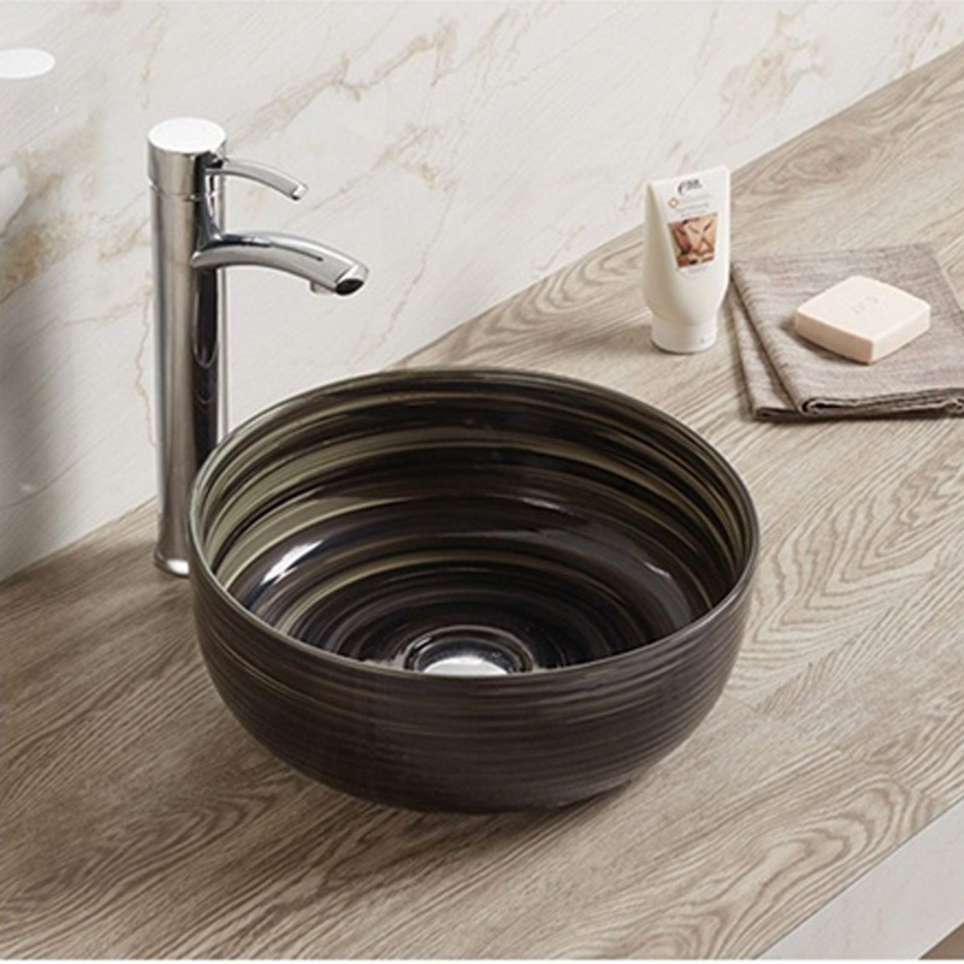 14.09-in. x 14.09-in. Round Bathroom Vessel Sink Black Swirl Enamel Glaze