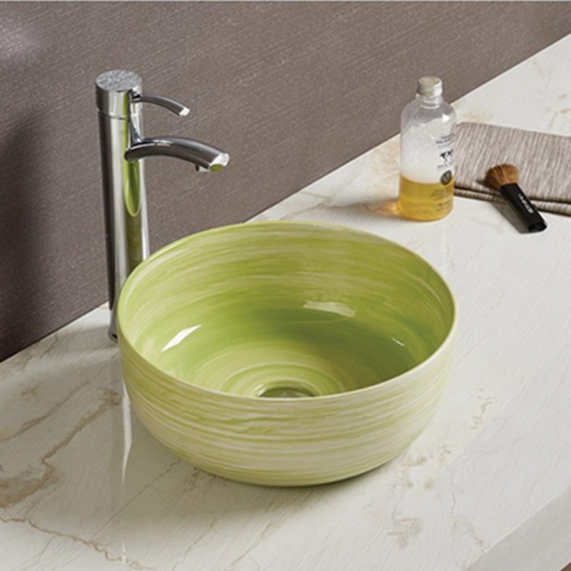 14.09-in. x 14.09-in. Round Bathroom Vessel Sink Olive Swirl Enamel Glaze