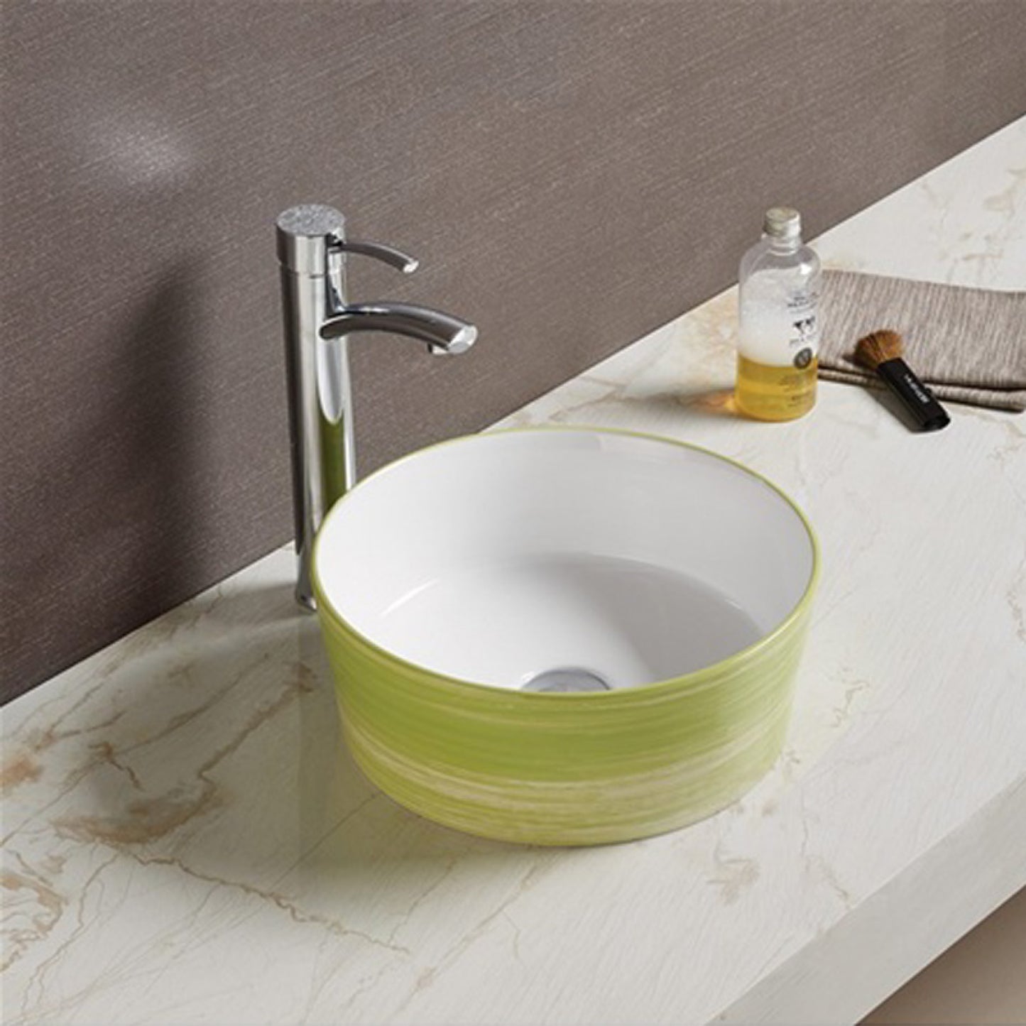 14.09-in. x 14.09-in. Round Bathroom Vessel Sink Olive Swirl-White Enamel Glaze