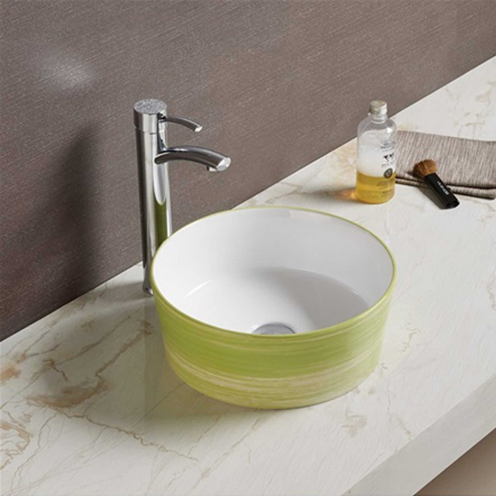 14.09-in. x 14.09-in. Round Bathroom Vessel Sink Olive Swirl-White Enamel Glaze