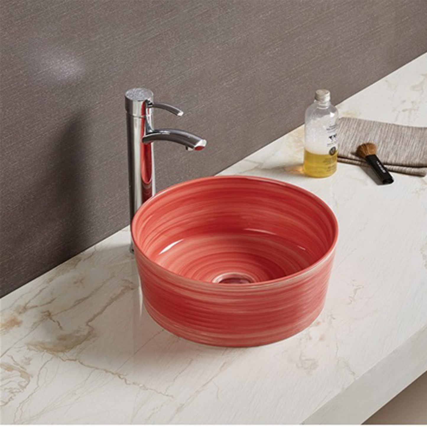 14.09-in. x 14.09-in. Round Bathroom Vessel Sink Red Swirl Enamel Glaze