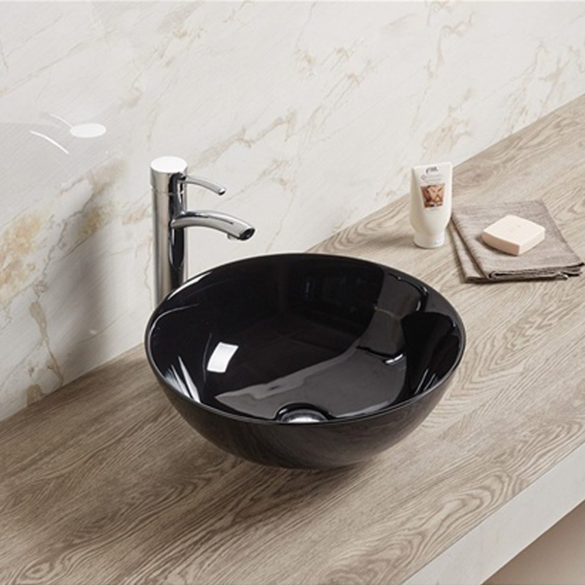 14.09-in. x 14.09-in. Round Bathroom Vessel Sink Black Enamel Glaze