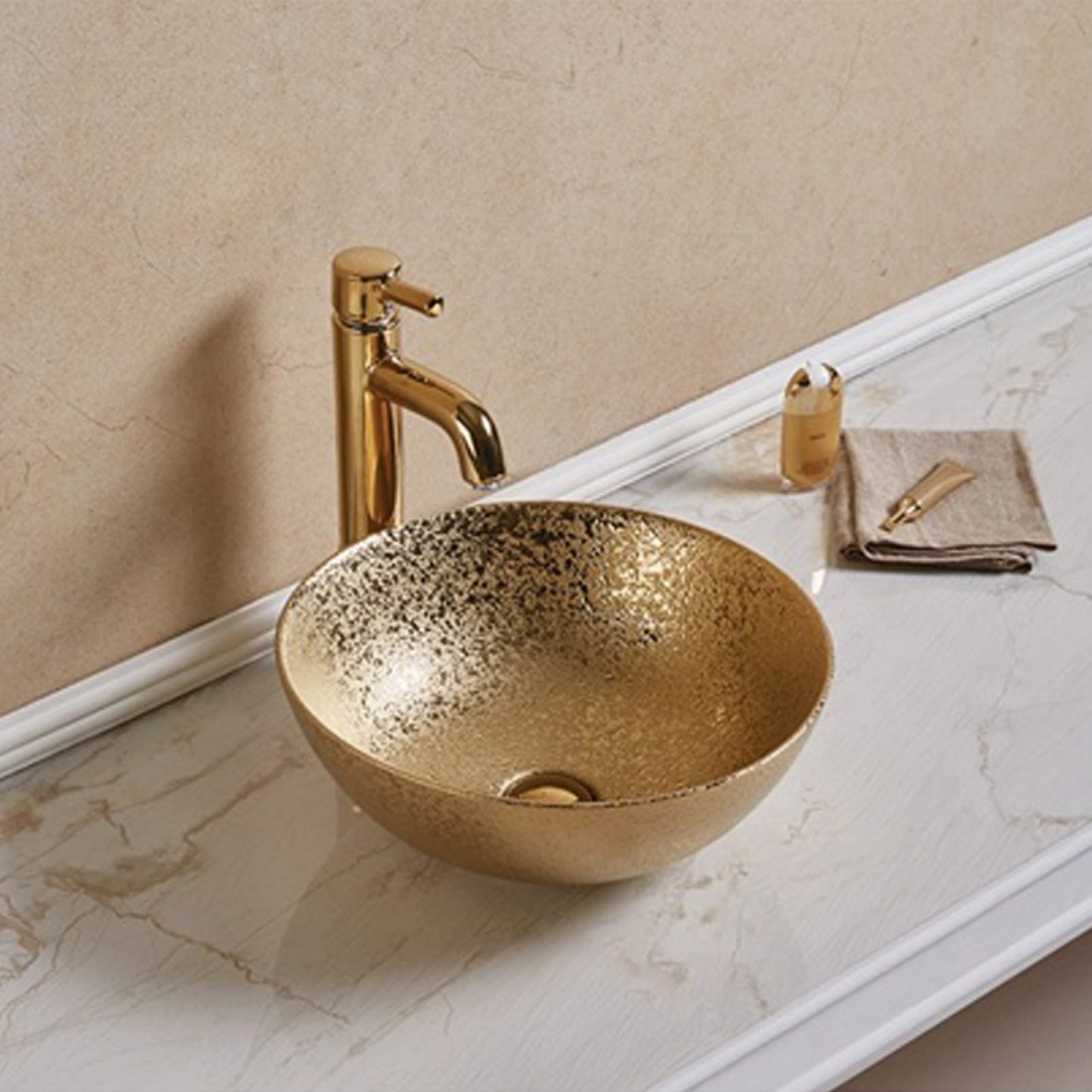 16.34-in. x 16.34-in. Round Bathroom Vessel Sink Gold Enamel Glaze