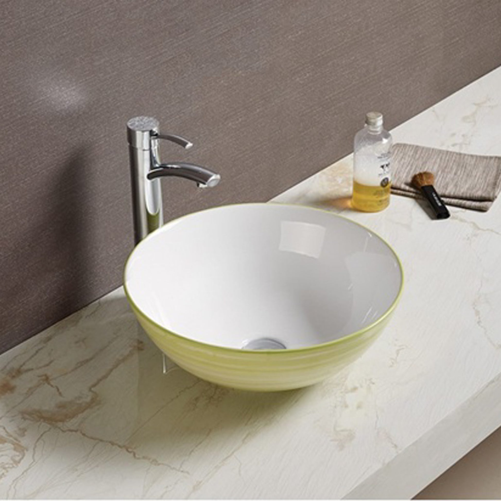 16.34-in. x 16.34-in. Round Bathroom Vessel Sink Olive Swirl-White Enamel Glaze