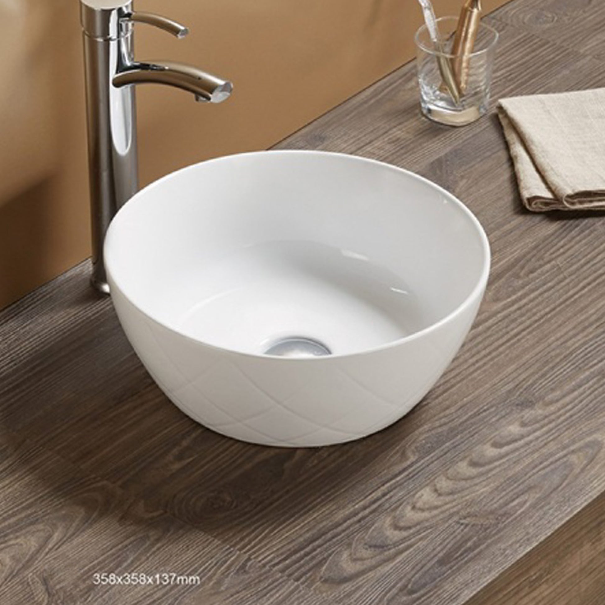 16.34-in. x 16.34-in. Round Bathroom Vessel Sink White Enamel Glaze