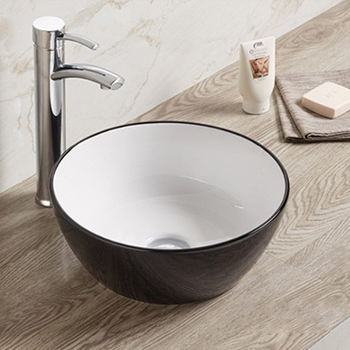 14.09-in. x 14.09-in. Round Bathroom Vessel Sink Black-White Enamel Glaze