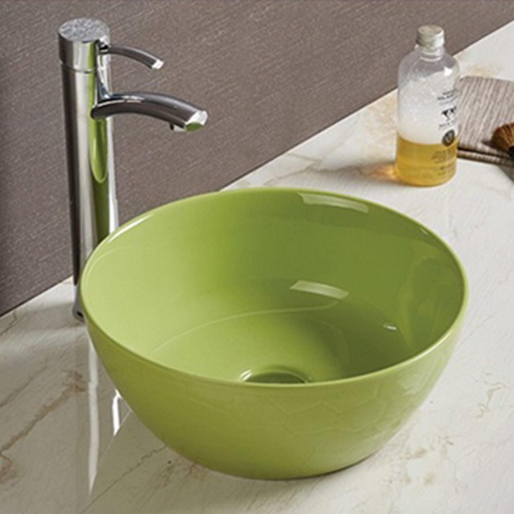 14.09-in. x 14.09-in. Round Bathroom Vessel Sink Olive Enamel Glaze