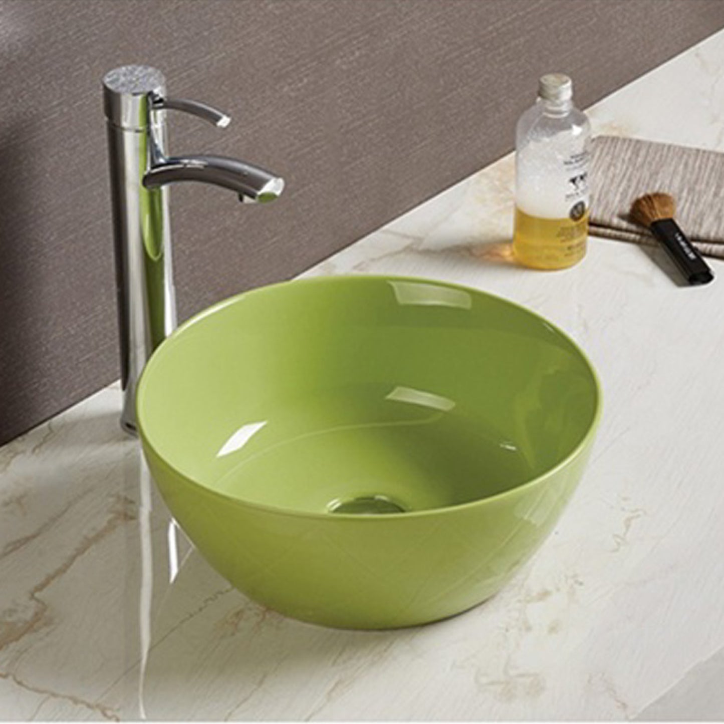 14.09-in. x 14.09-in.  Bathroom Vessel Sink Olive Enamel Glaze