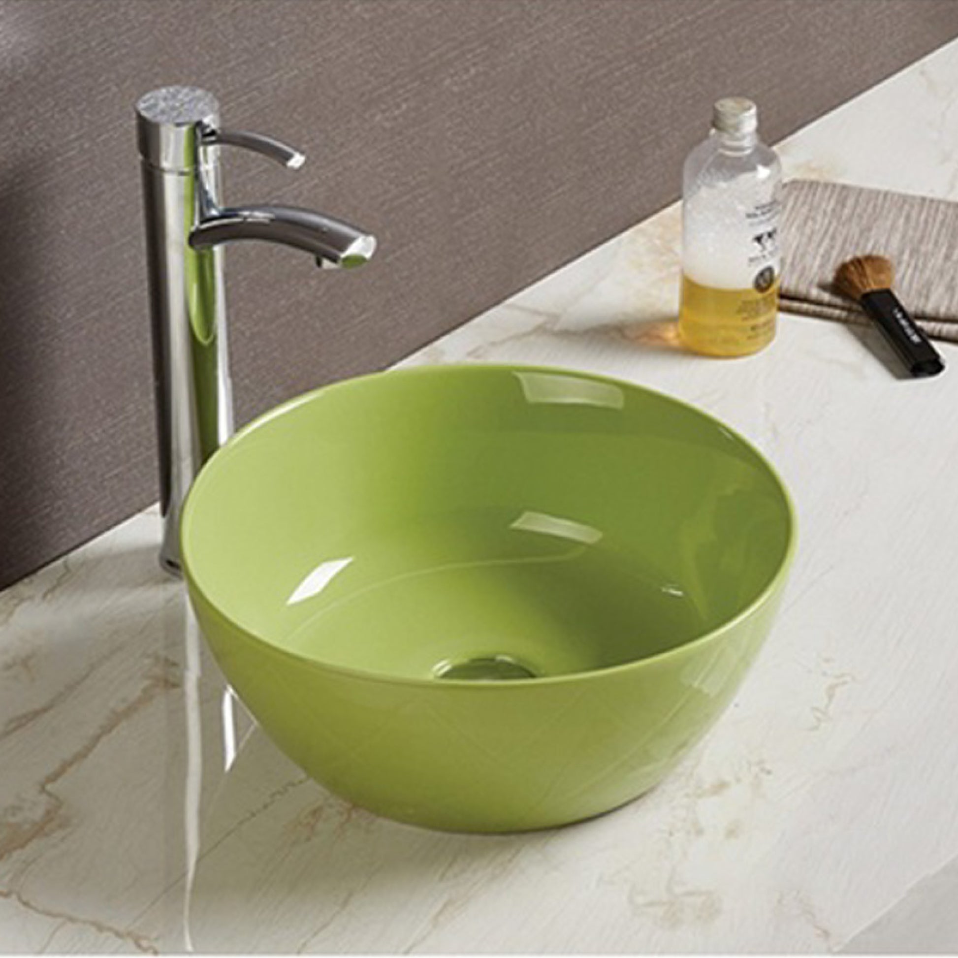 14.09-in. x 14.09-in.  Bathroom Vessel Sink Olive Enamel Glaze