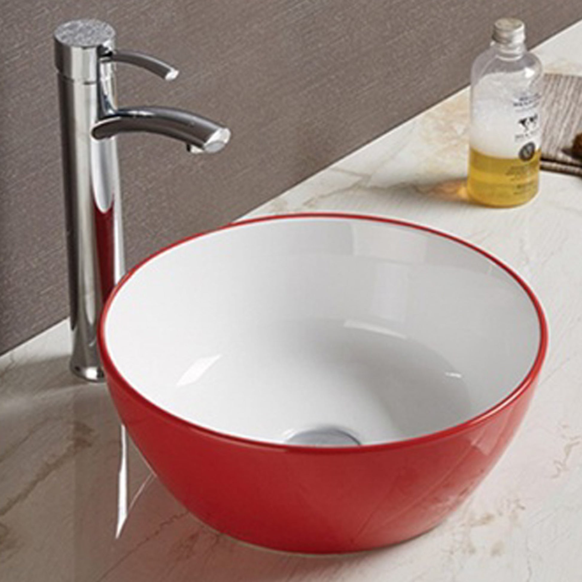 14.09-in. x 14.09-in. Round Bathroom Vessel Sink Red-White Enamel Glaze