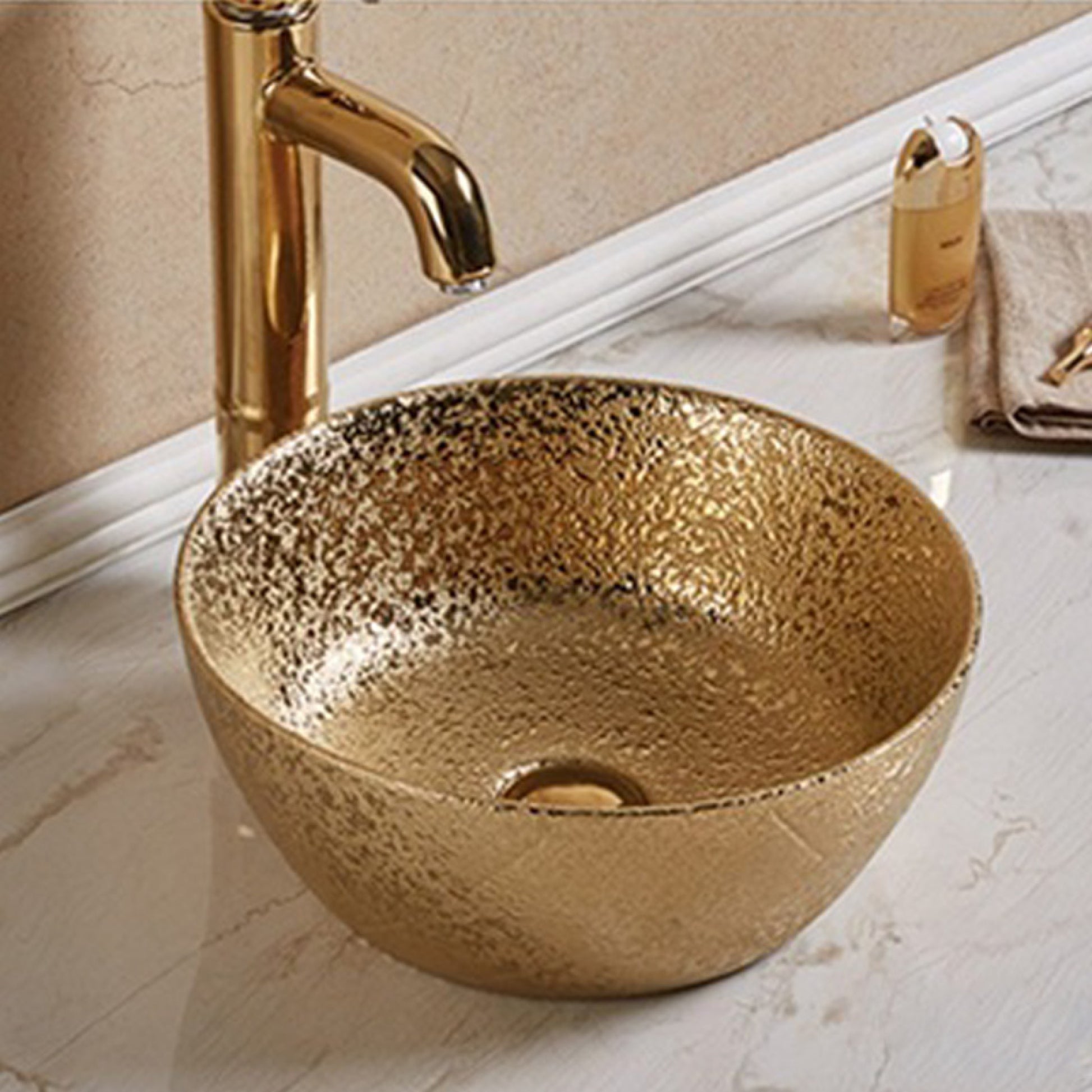 14.09-in. x 14.09-in. Round Bathroom Vessel Sink Gold Enamel Glaze