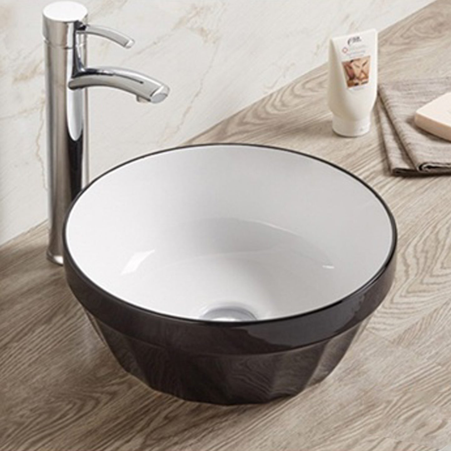14.09-in. x 14.09-in. Round Bathroom Vessel Sink Black-White Enamel Glaze