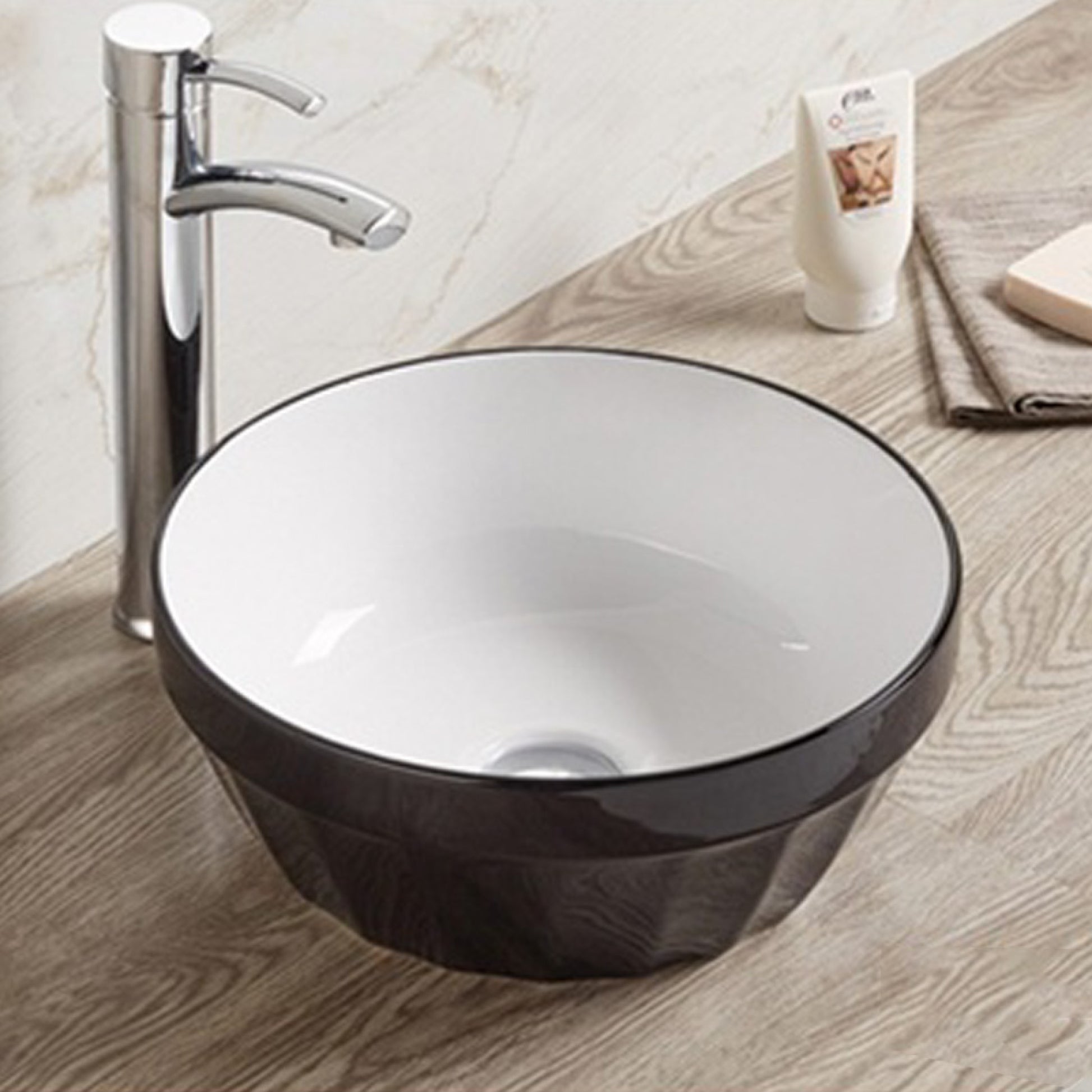 14.09-in. x 14.09-in. Round Bathroom Vessel Sink Black-White Enamel Glaze