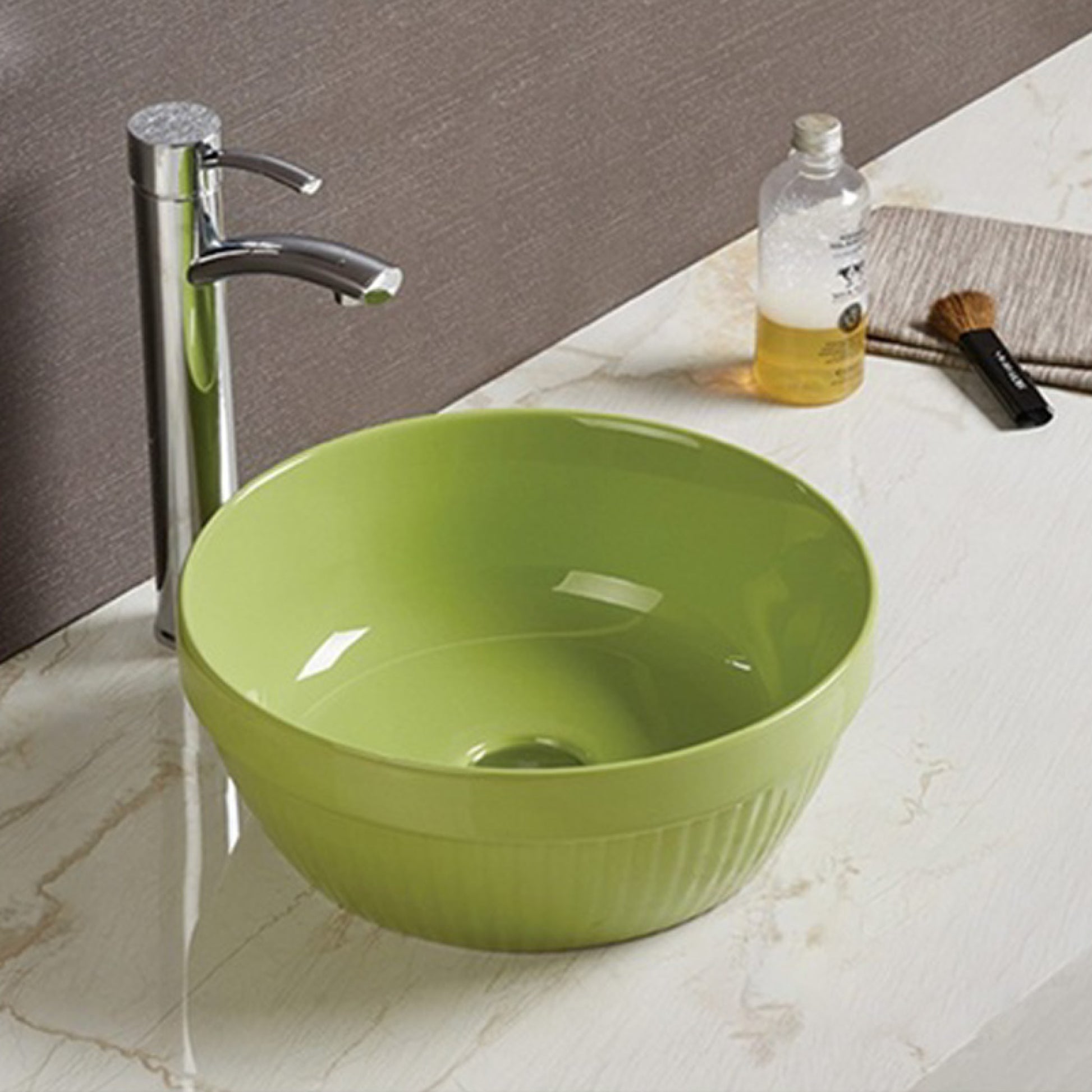 14.09-in. x 14.09-in. Round Bathroom Vessel Sink Olive Enamel Glaze