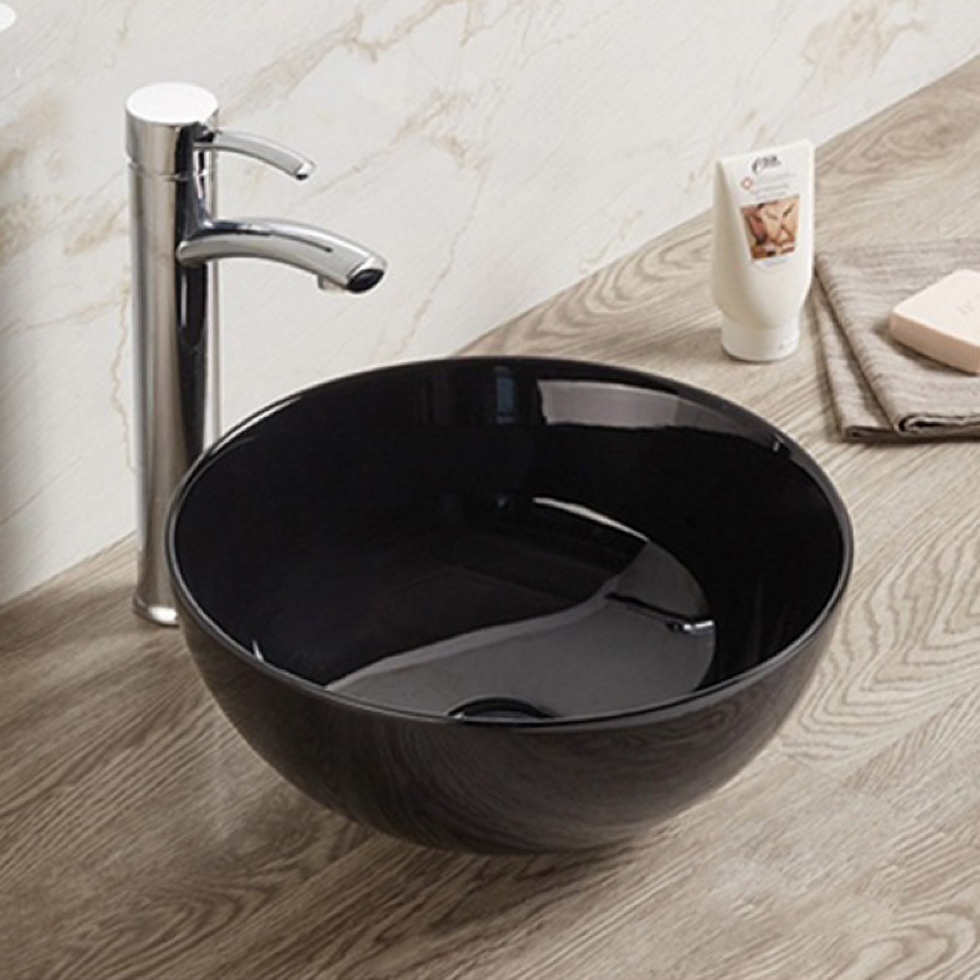 14.09-in. x 14.09-in. Round Bathroom Vessel Sink Black Enamel Glaze