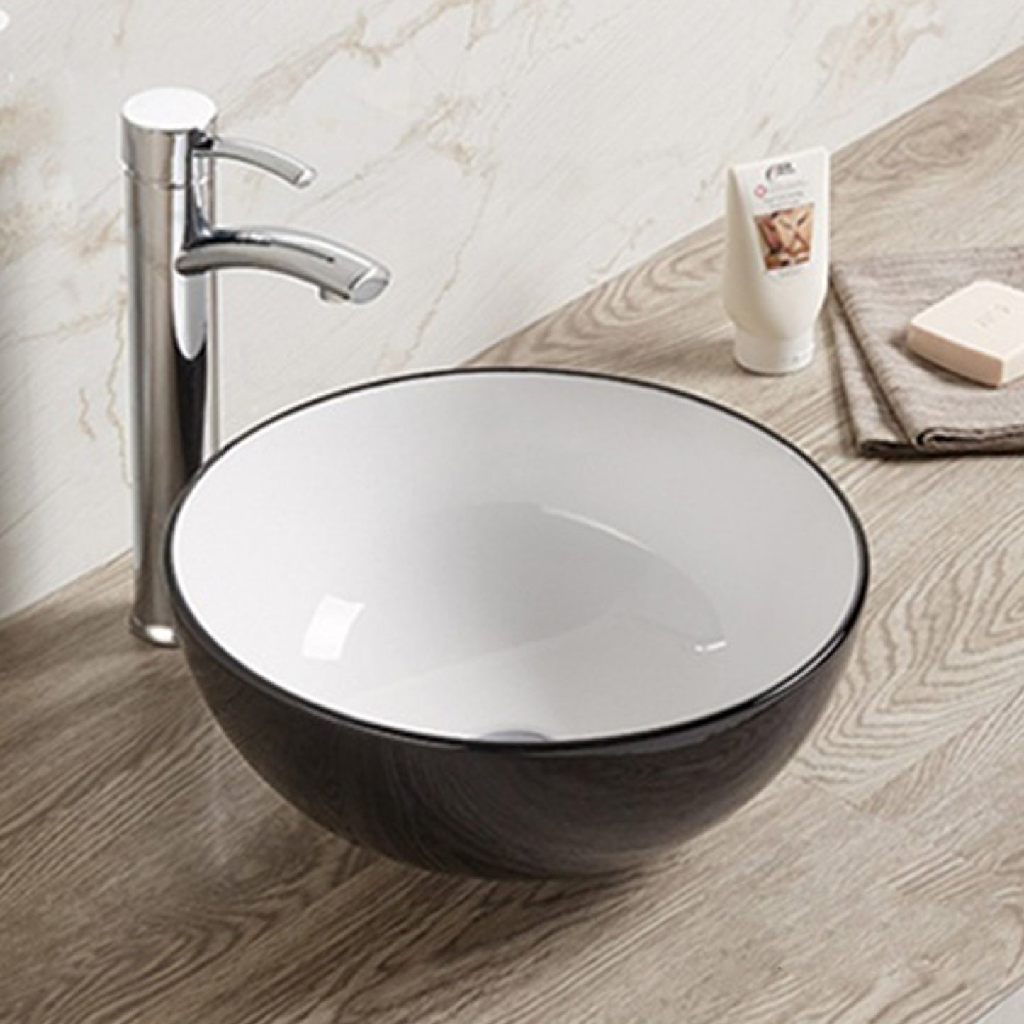 14.09-in. x 14.09-in. Round Bathroom Vessel Sink Black-White Enamel Glaze
