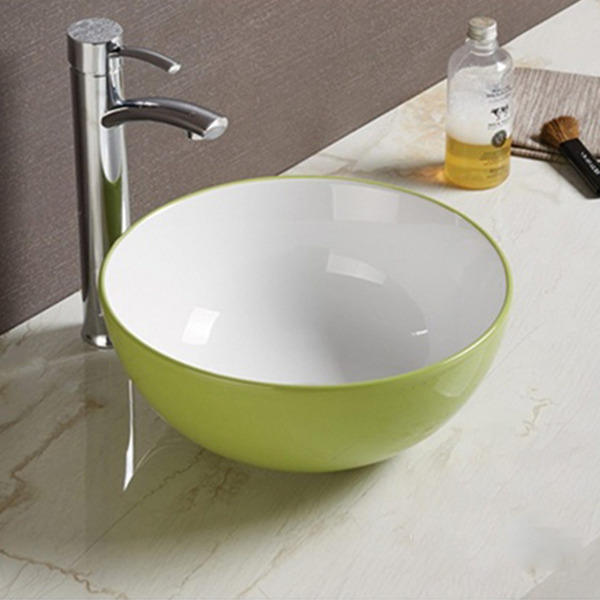 14.09-in. x 14.09-in. Round Bathroom Vessel Sink Olive-White Enamel Glaze