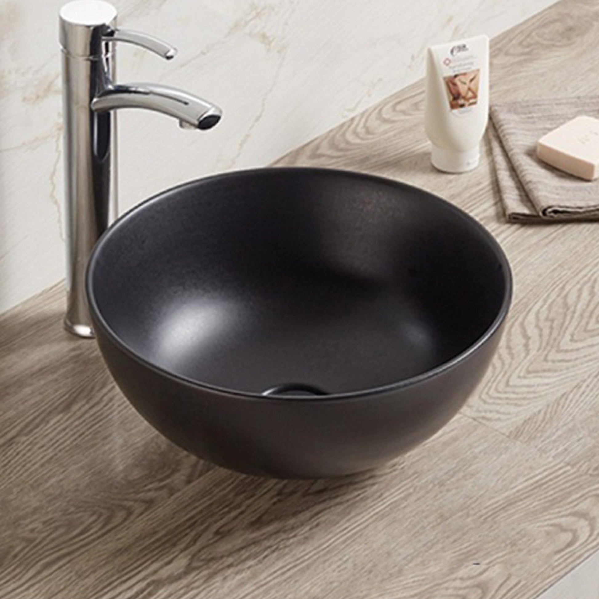 14.09-in. x 14.09-in. Round Bathroom Vessel Sink Black Enamel Glaze