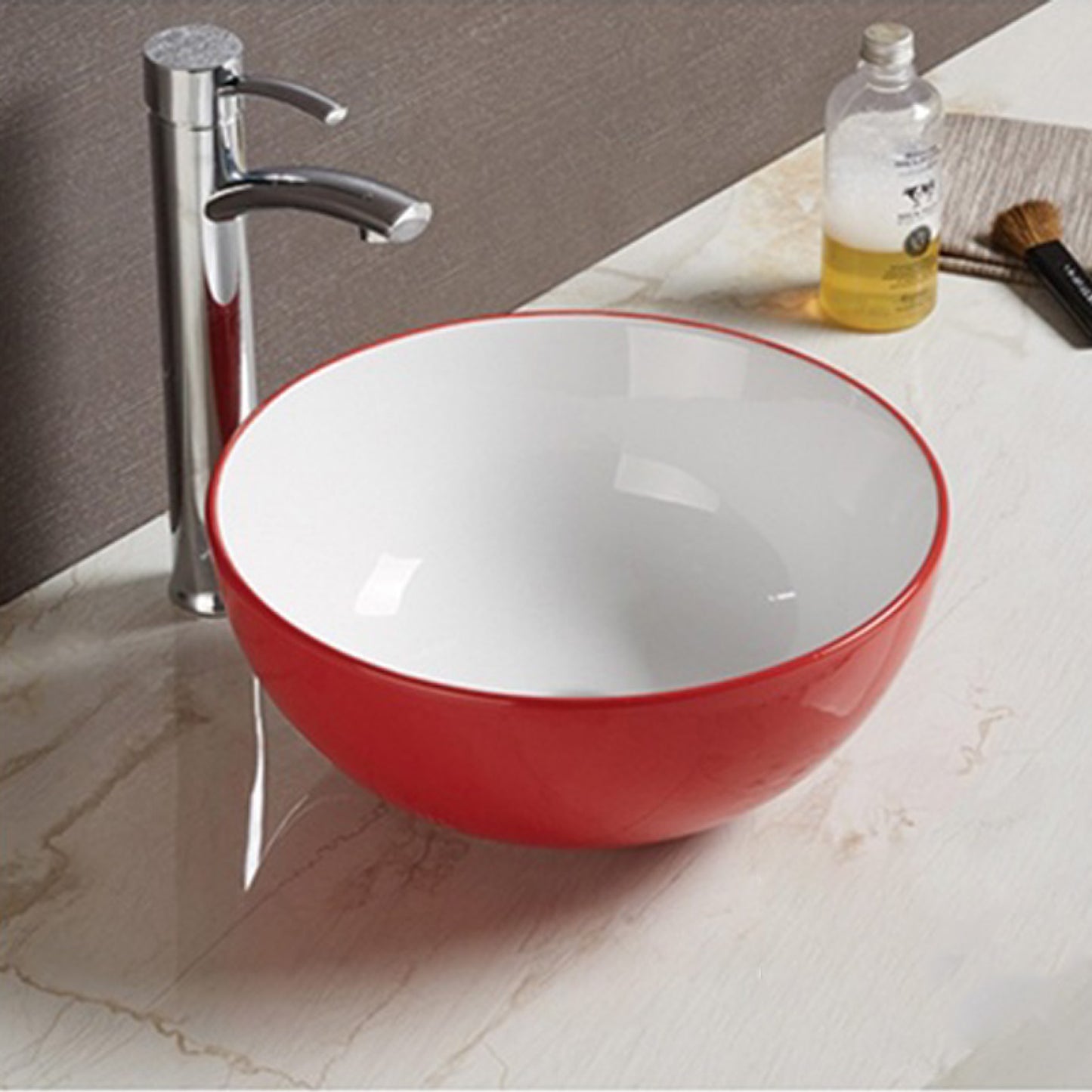 14.09-in. x 14.09-in. Round Bathroom Vessel Sink Red-White Enamel Glaze