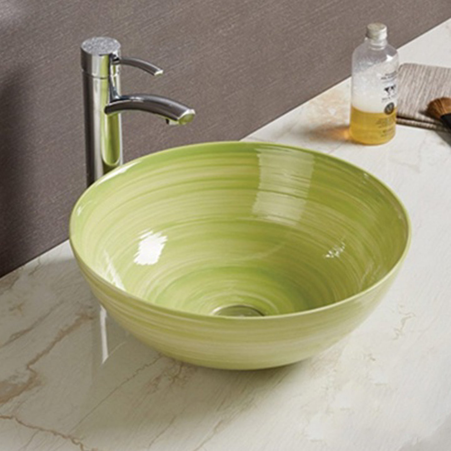14.09-in. x 14.09-in. Round Bathroom Vessel Sink Olive Swirl Enamel Glaze