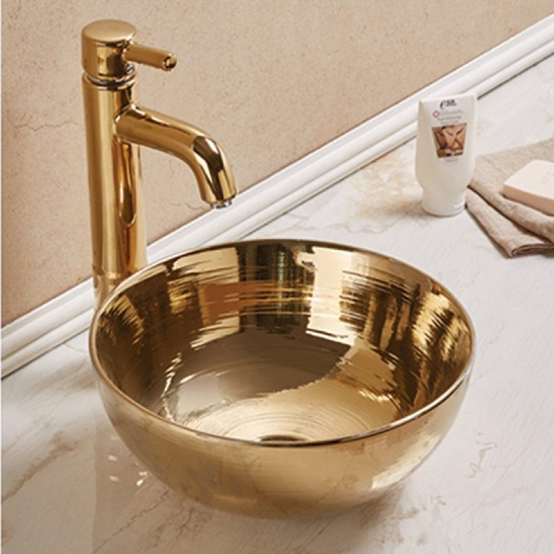 14.09-in. x 14.09-in. Round Bathroom Vessel Sink Gold Enamel Glaze