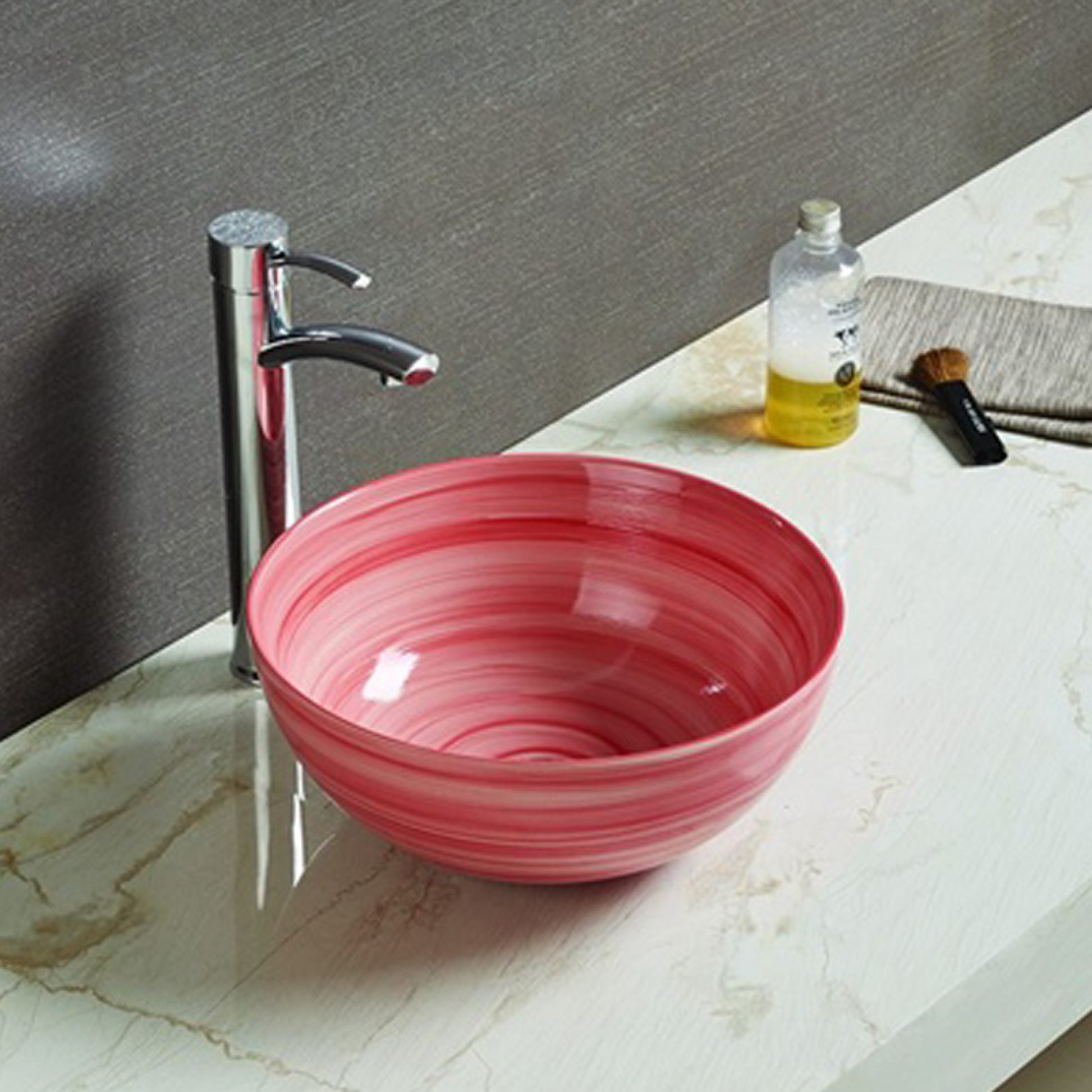 14.09-in. x 14.09-in. Round Bathroom Vessel Sink Red Swirl Enamel Glaze